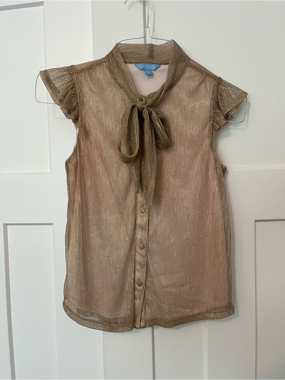 Draper James Metallic Gold Tie-Neck Cap Sleeve Blouse